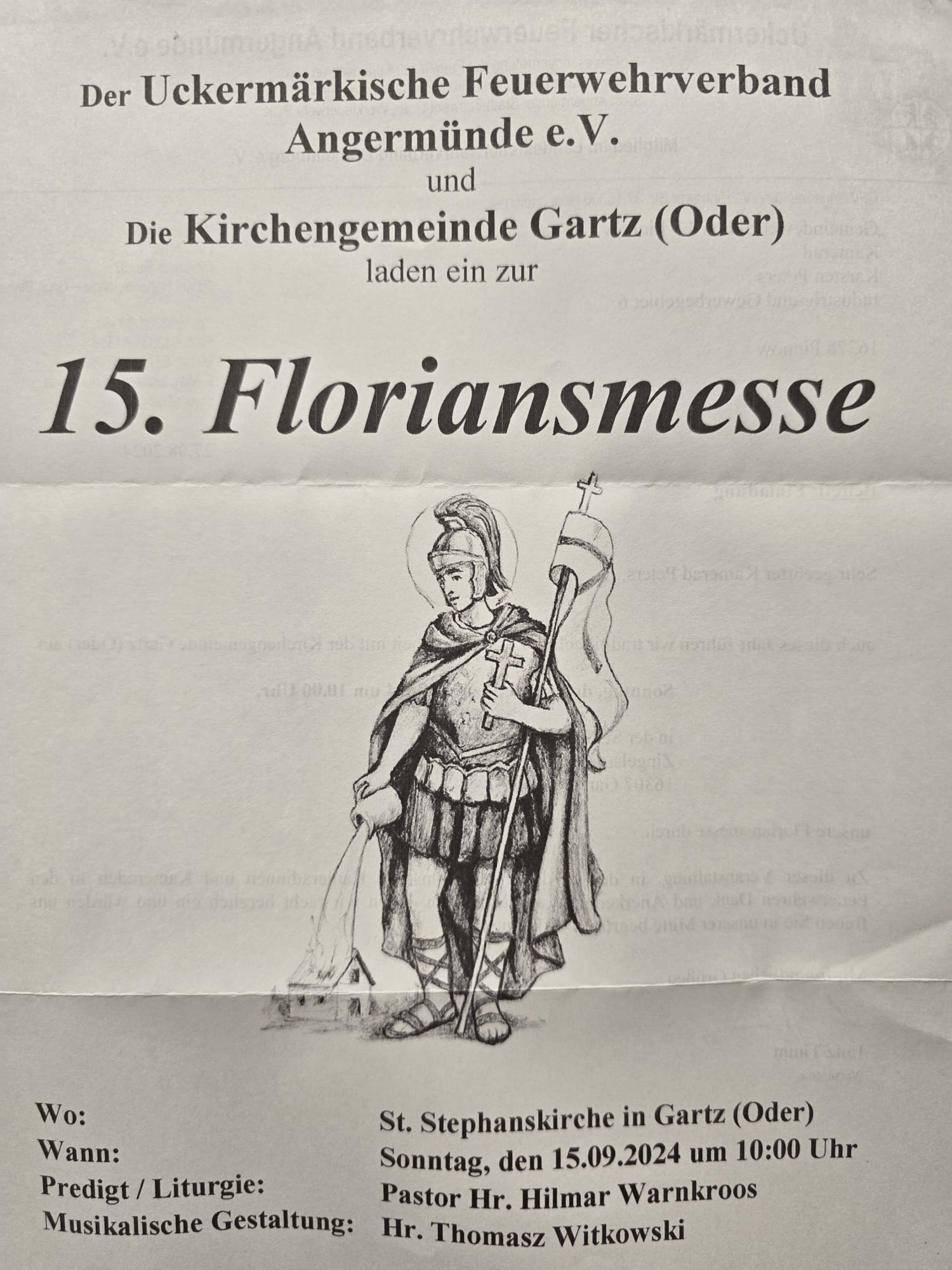 Einladung zur 15. Floriansmesse in Gartz (Oder).