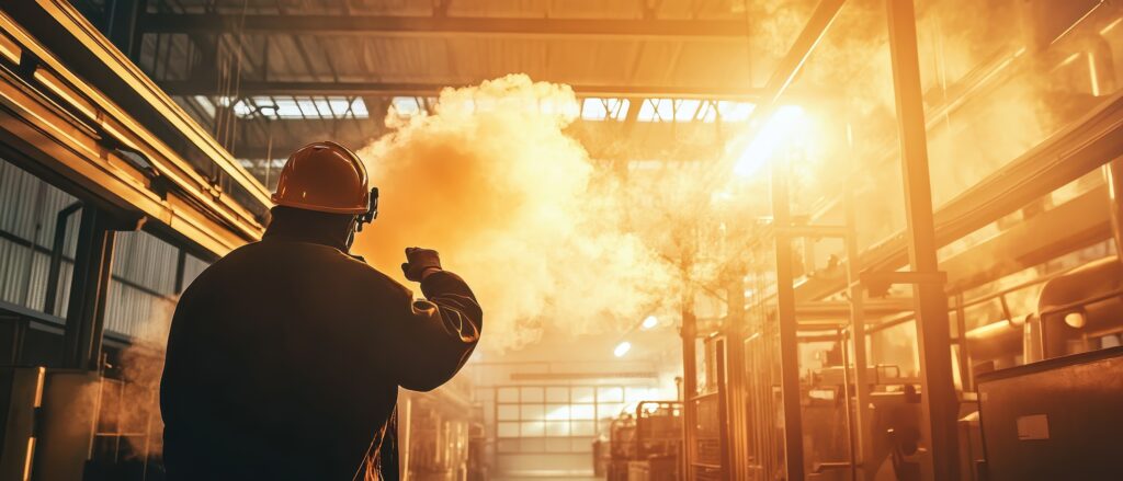 Arbeiter in Fabrik mit Rauch und Lichtstrahlen