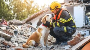 Rettungshund und Helfer bei Trümmern