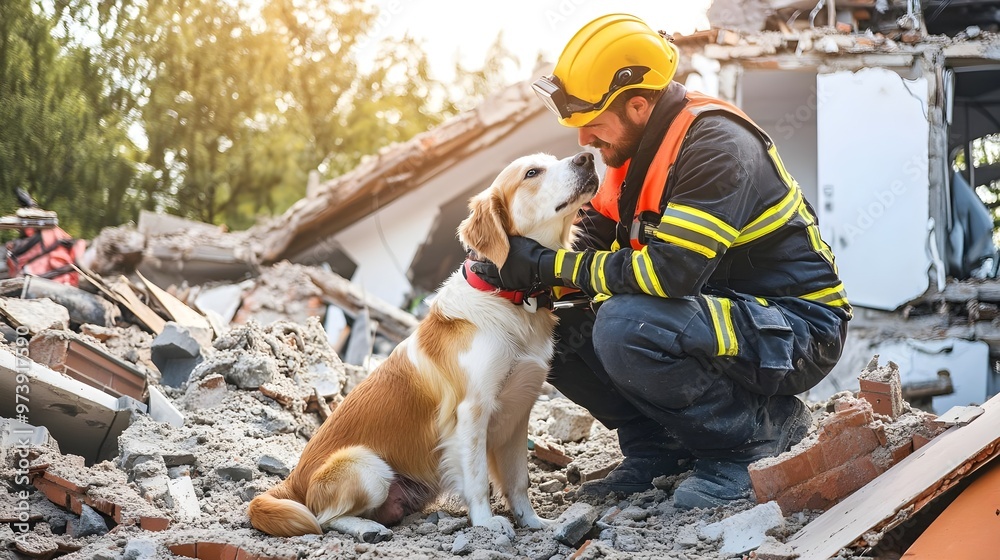 Rettungshund und Helfer bei Trümmern